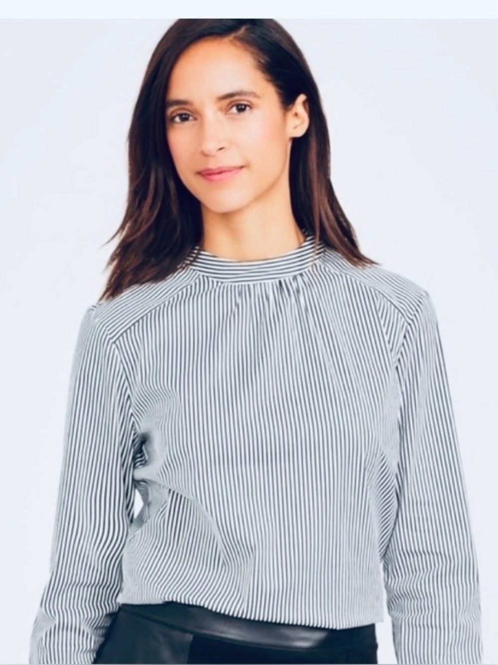 J McLaughlin Mock Neck Blouse in Blue & White-XS